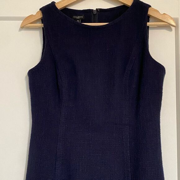 Talbots Petite Academia Blue Tweed Sheath Business Casual Sleeveless Midi Dress - Picture 2 of 6